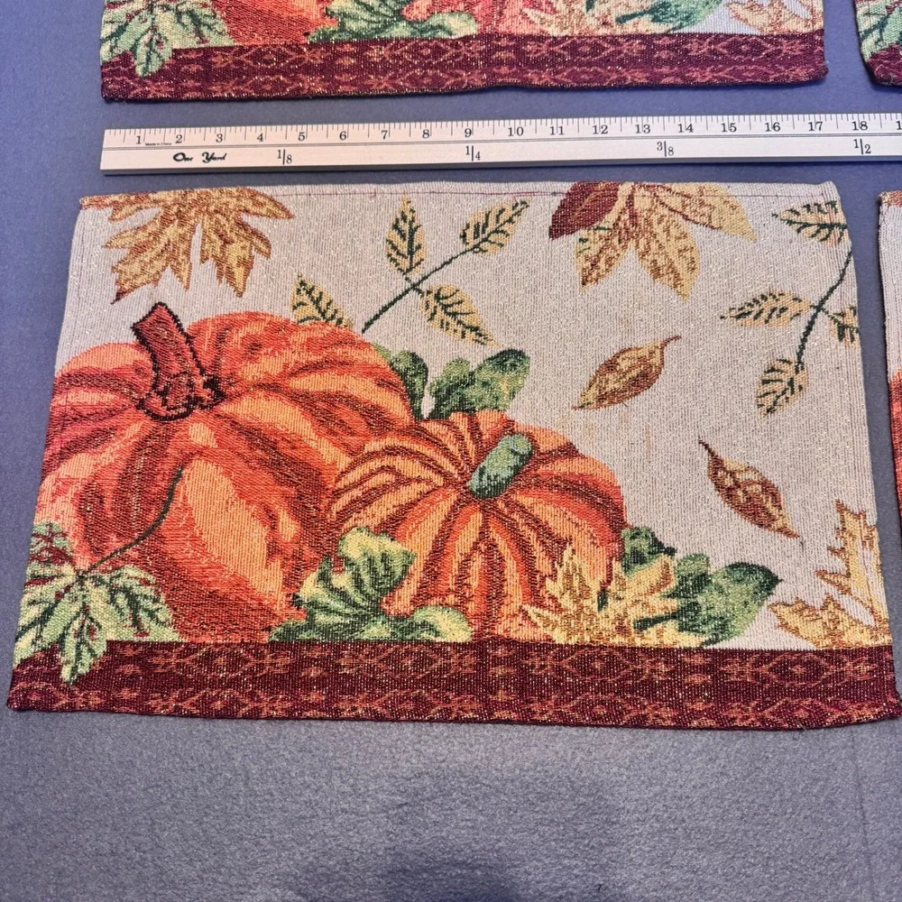 4 Fabric Fall Harvest Placemats Gold Metallic Shimmer Pumpkins Thanksgiving READ